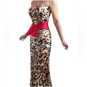 Sherri Hill Leopard Print silk Dress with Red Accent